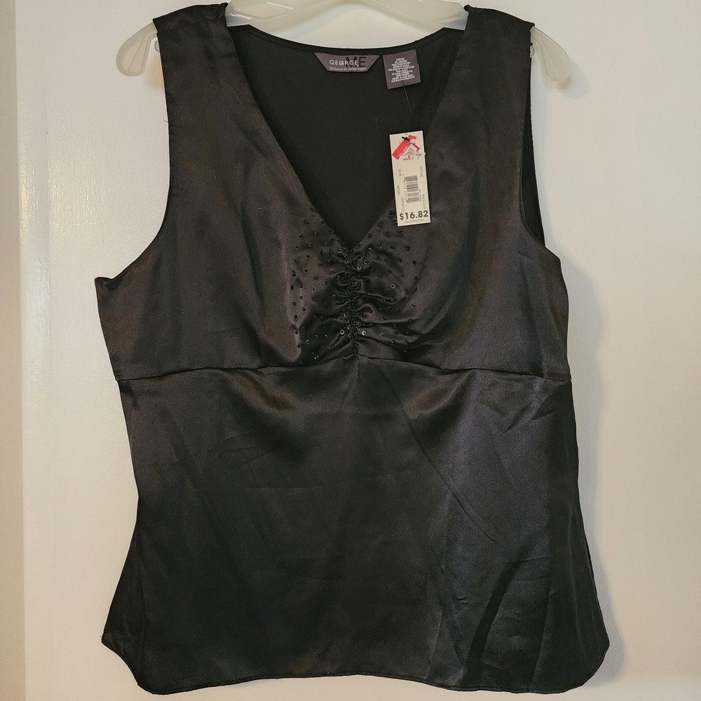 George ME Black Satin Sequin V-Neck Tank Top‎ XL Y2K Mark Eisen GME56170